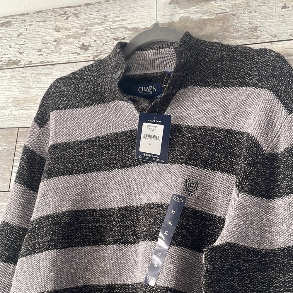 Chaps Men's Black and Gray Striped Sweater - Picture 2 of 3
